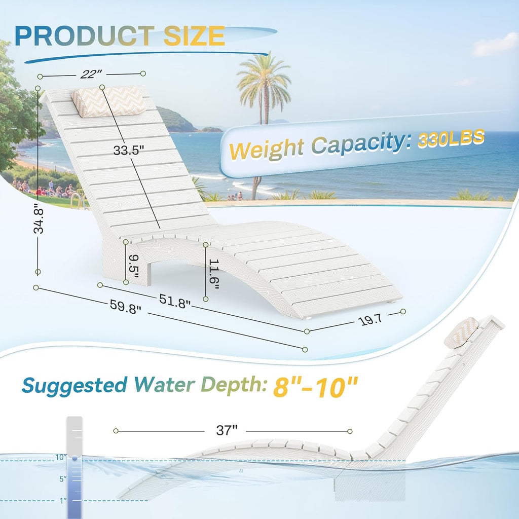 HDPS In-Pool Lounge Chairs Set of 2 | Weighted All-Weather Tanning Chaise with Headrest (White)
