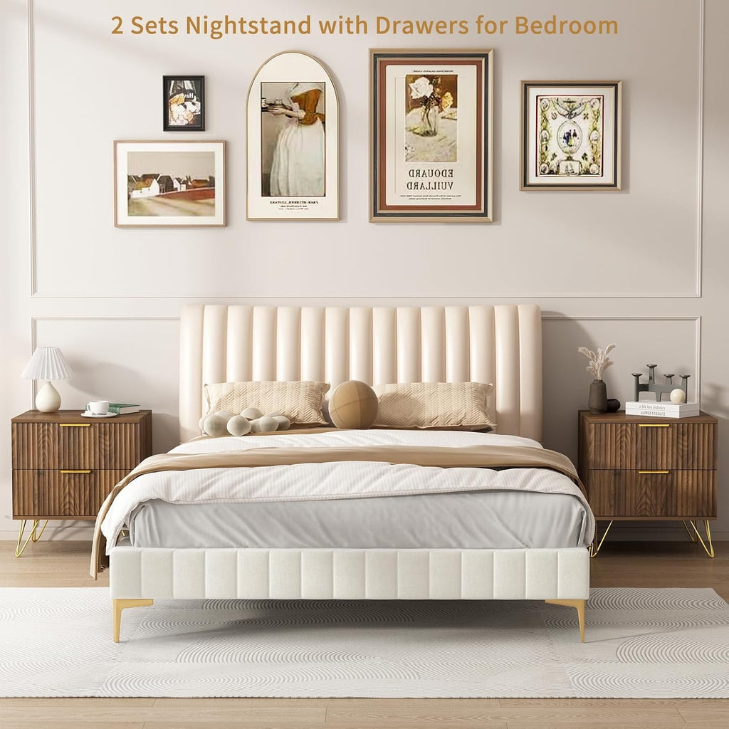 3-Piece Mid-Century Bedroom Set | 7-Drawer Dresser & Two Nightstands with Gold Handles (Natural Wood)