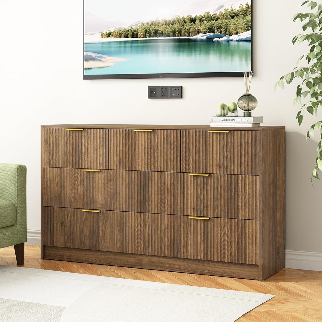 3-Piece Mid-Century Bedroom Set | 7-Drawer Dresser & Two Nightstands with Gold Handles (Natural Wood)
