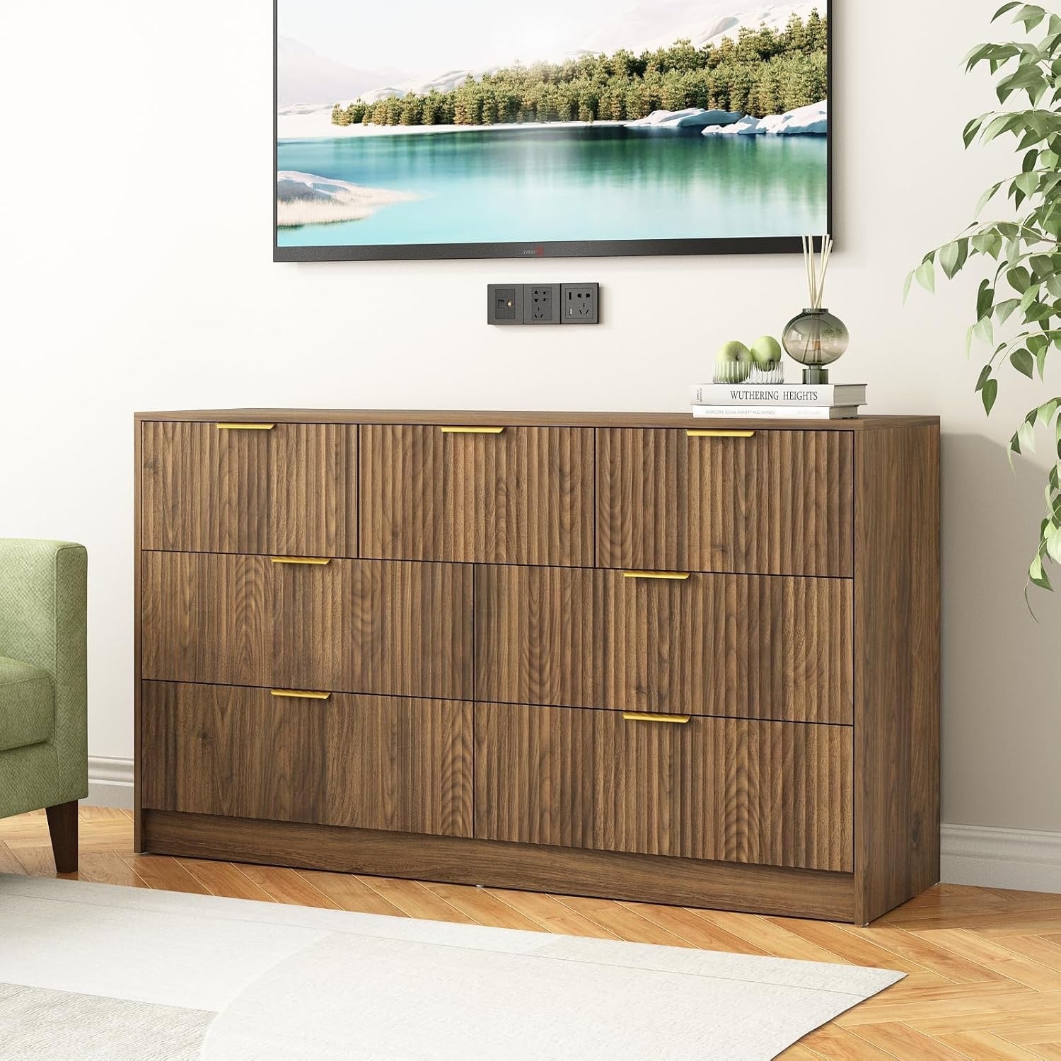 3-Piece Mid-Century Bedroom Set | 7-Drawer Dresser & Two Nightstands with Gold Handles (Natural Wood)