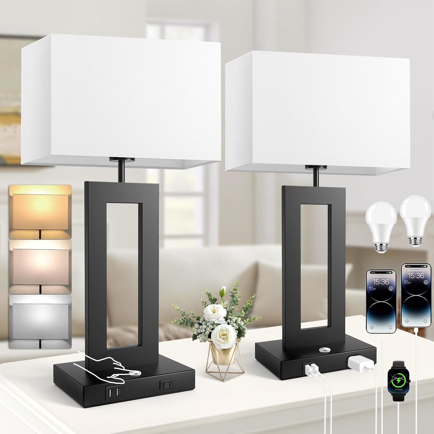 Set of 2 Touch Control Table Lamps 22" | 3 Color Temperatures Bedside Lamps with USB Ports & AC Outlet Stepless Dimmable