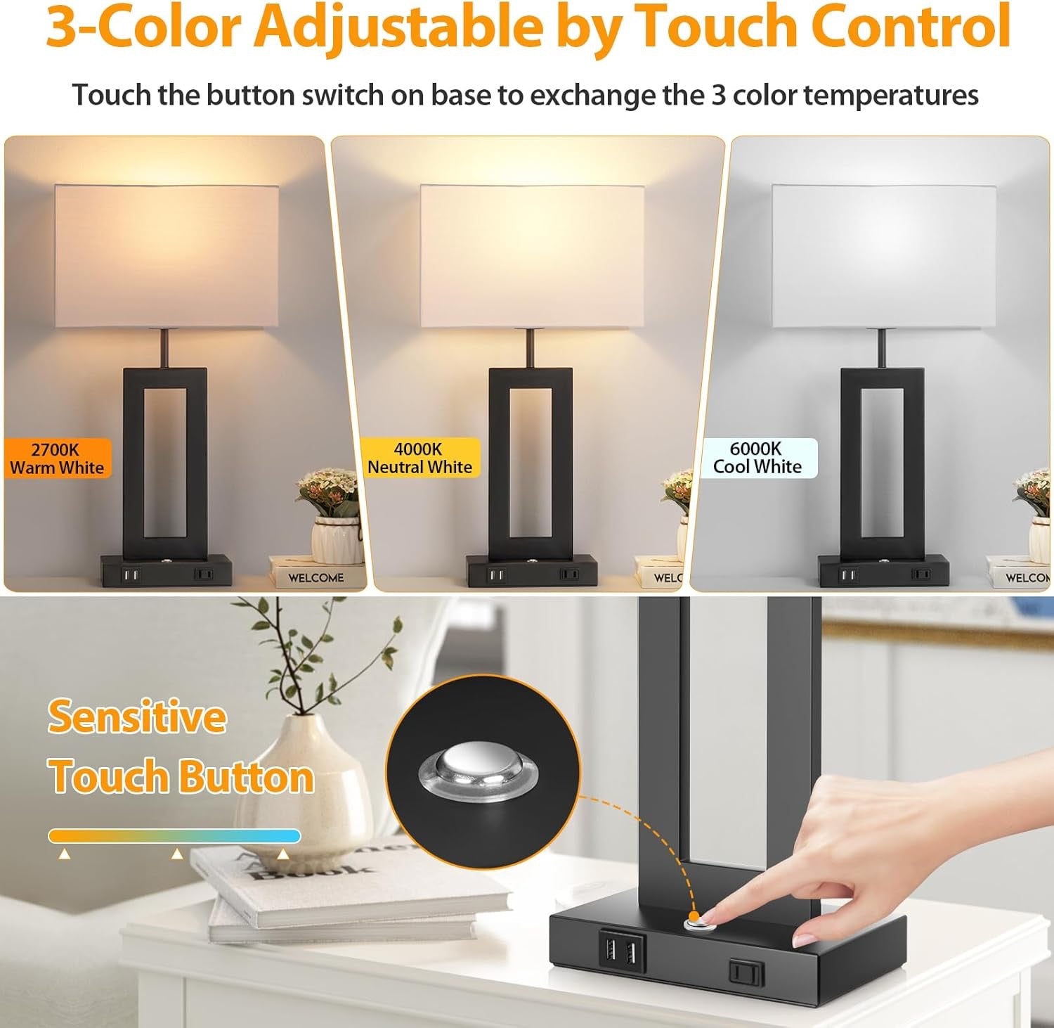 Set of 2 Touch Control Table Lamps 22" | 3 Color Temperatures Bedside Lamps with USB Ports & AC Outlet Stepless Dimmable
