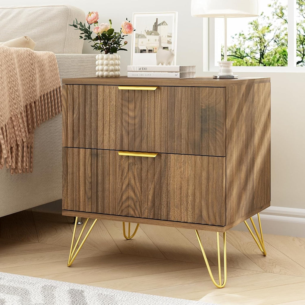 3-Piece Mid-Century Bedroom Set | 7-Drawer Dresser & Two Nightstands with Gold Handles (Natural Wood)
