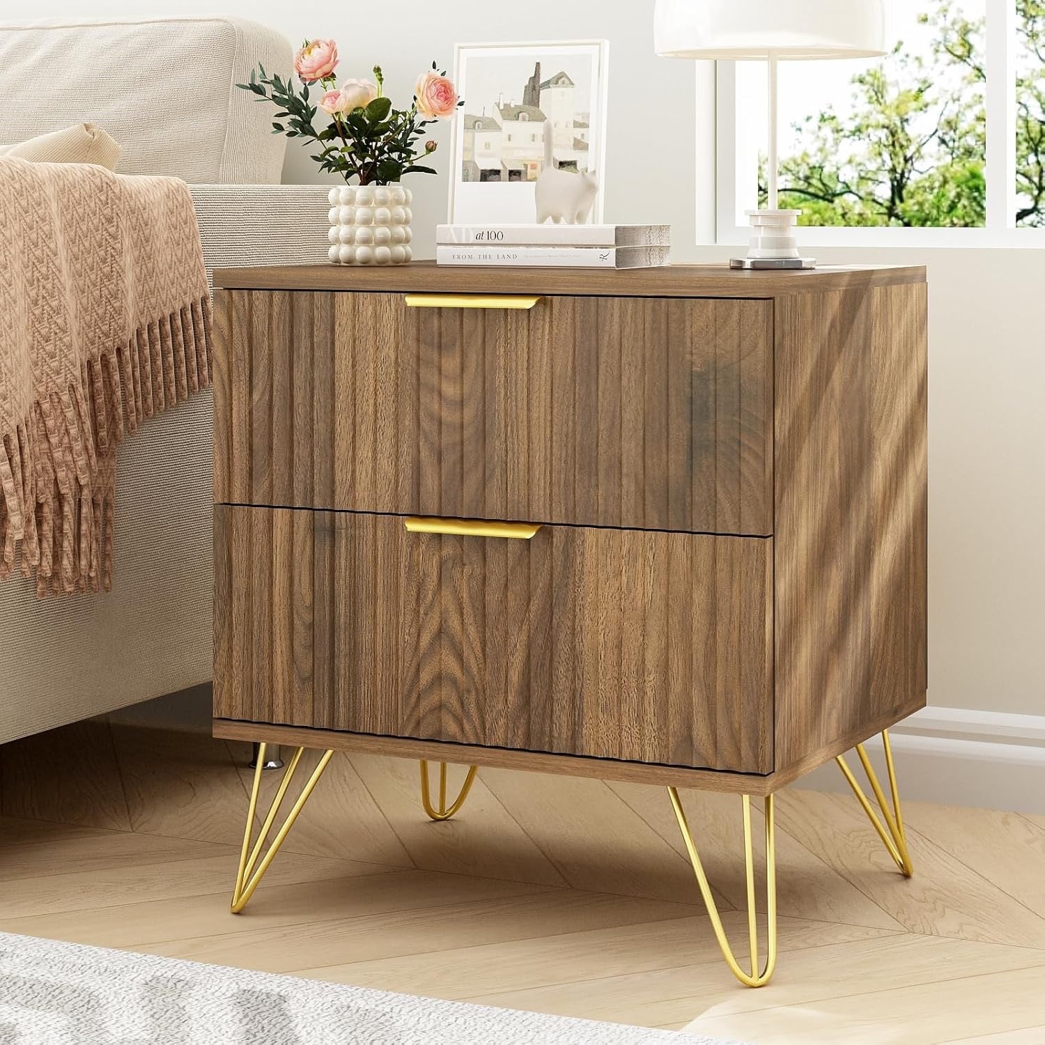 3-Piece Mid-Century Bedroom Set | 7-Drawer Dresser & Two Nightstands with Gold Handles (Natural Wood)