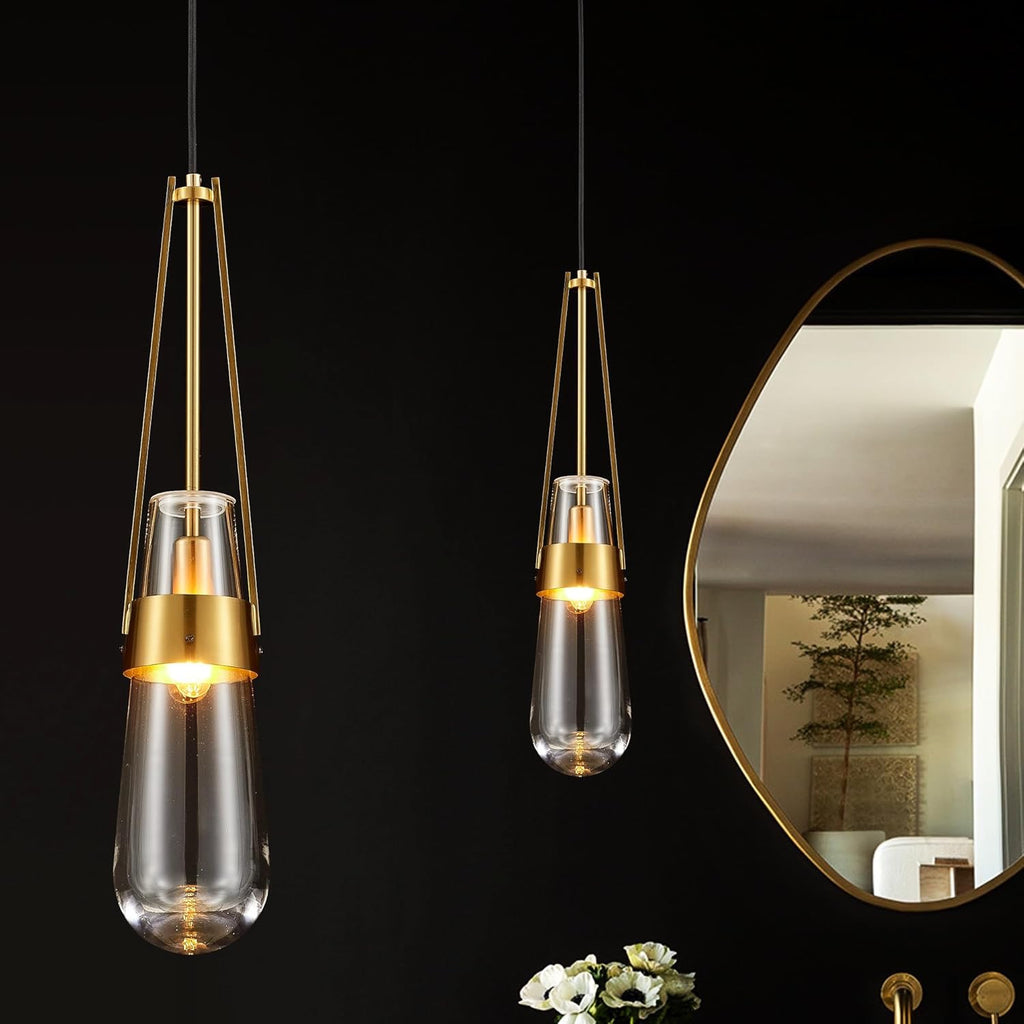 Raindrop Brass Glass Pendant Light | Modern Gold Teardrop Hanging Ceiling Fixture | Set of 2