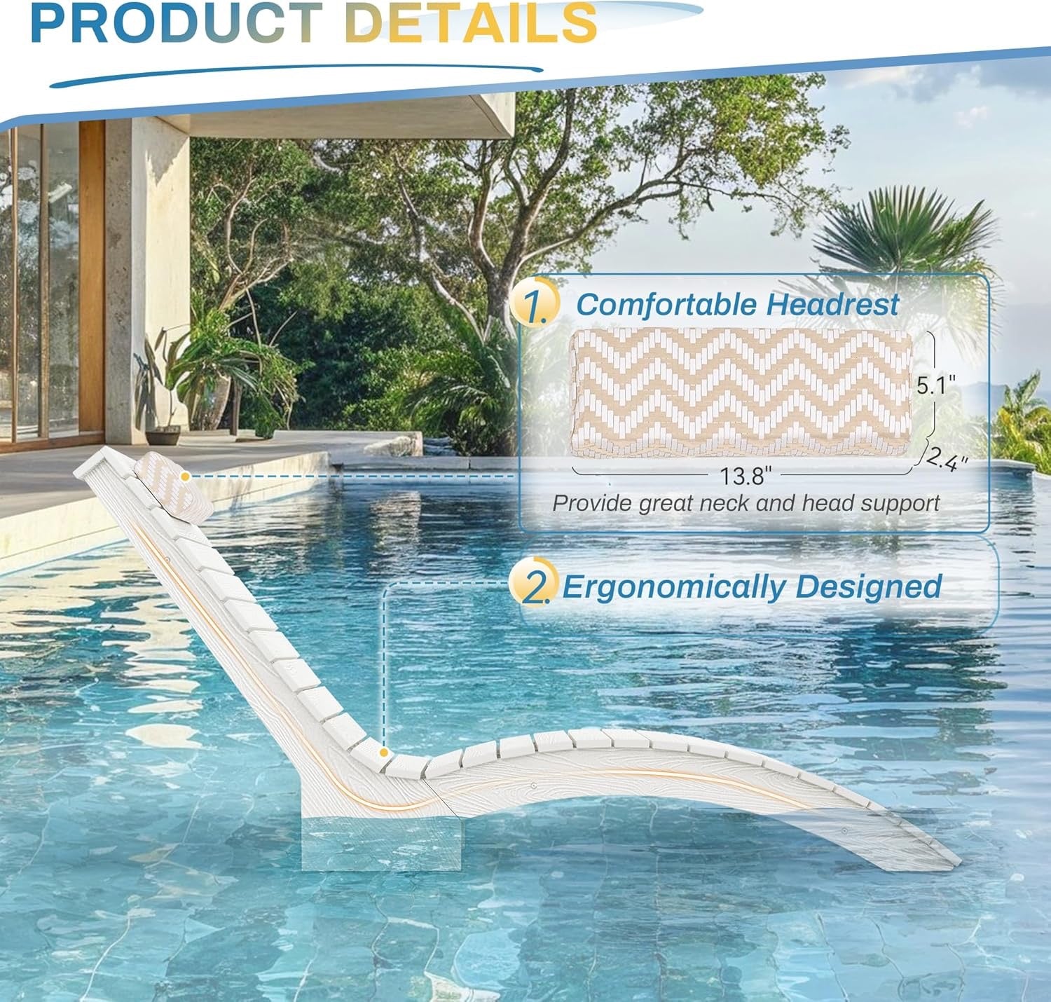 HDPS In-Pool Lounge Chairs Set of 2 | Weighted All-Weather Tanning Chaise with Headrest (White)