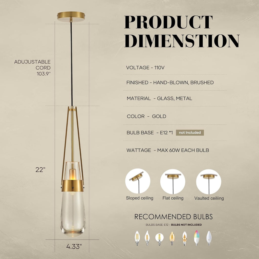 Raindrop Brass Glass Pendant Light | Modern Gold Teardrop Hanging Ceiling Fixture | Set of 2