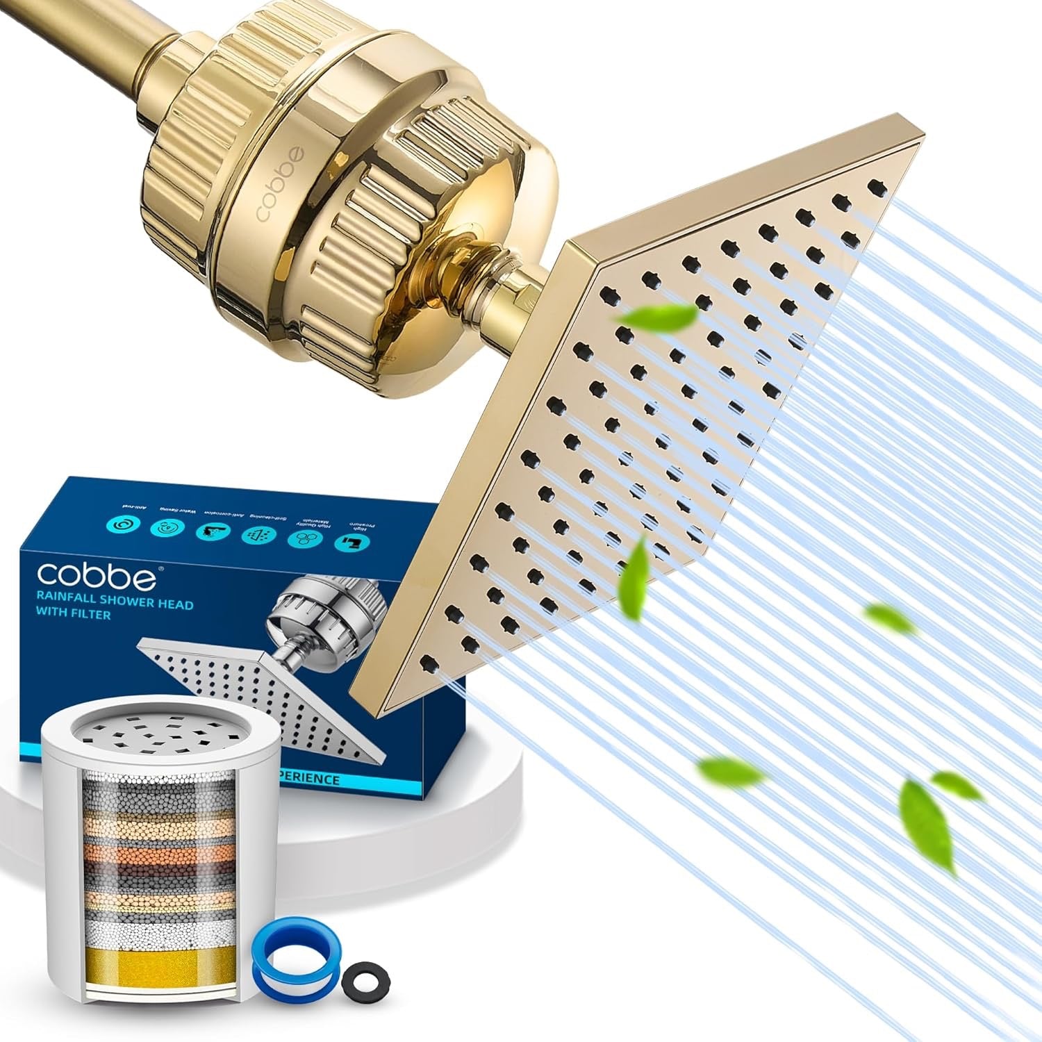 Cobbe High Pressure Filtered Shower Head Combo | 20-Stage Hard Water Filter, Rain Shower Experience – Gold Finish