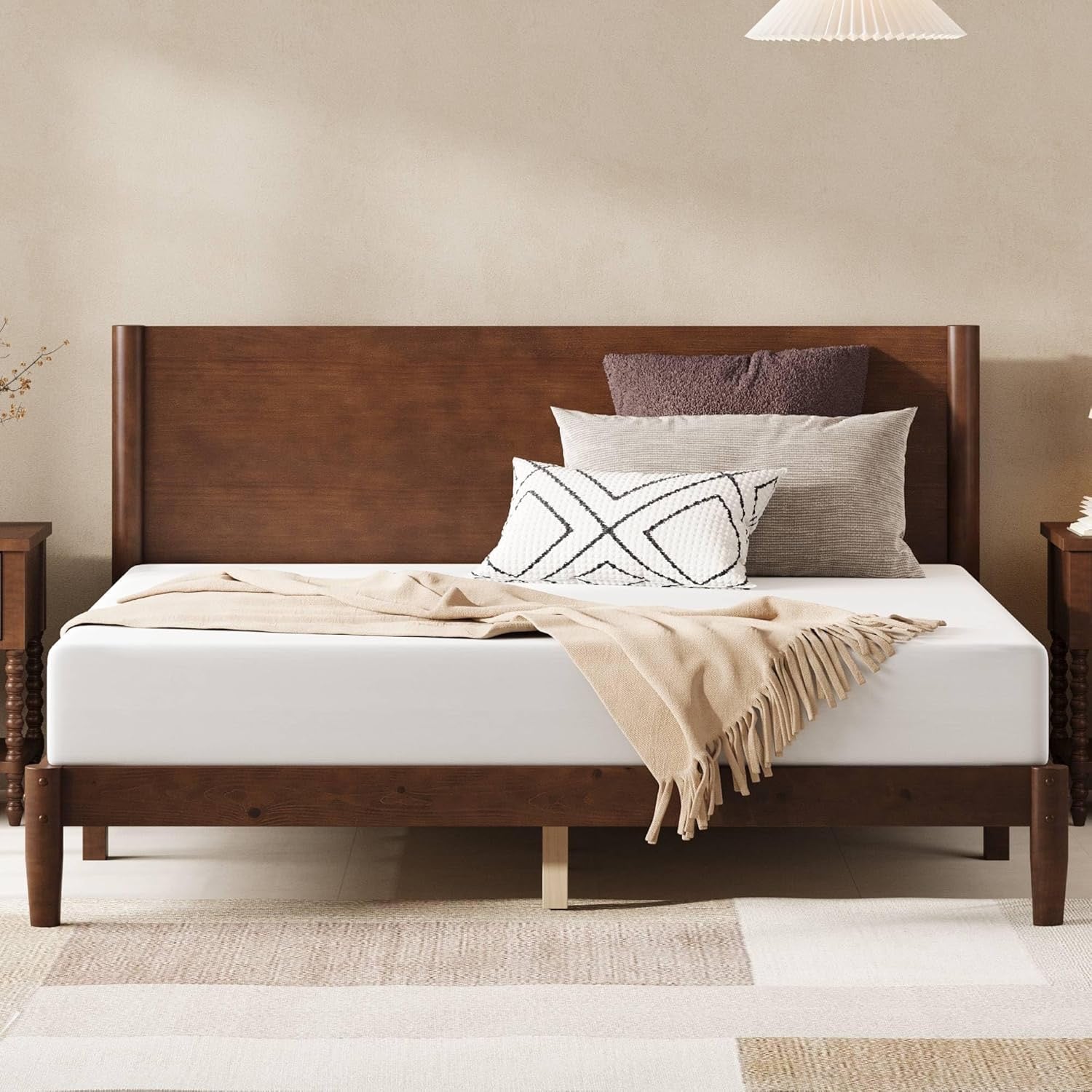 AMERLIFE Solid Wood Queen Platform Bed | Mid-Century Modern Dark Walnut Bed Frame with Panel Headboard