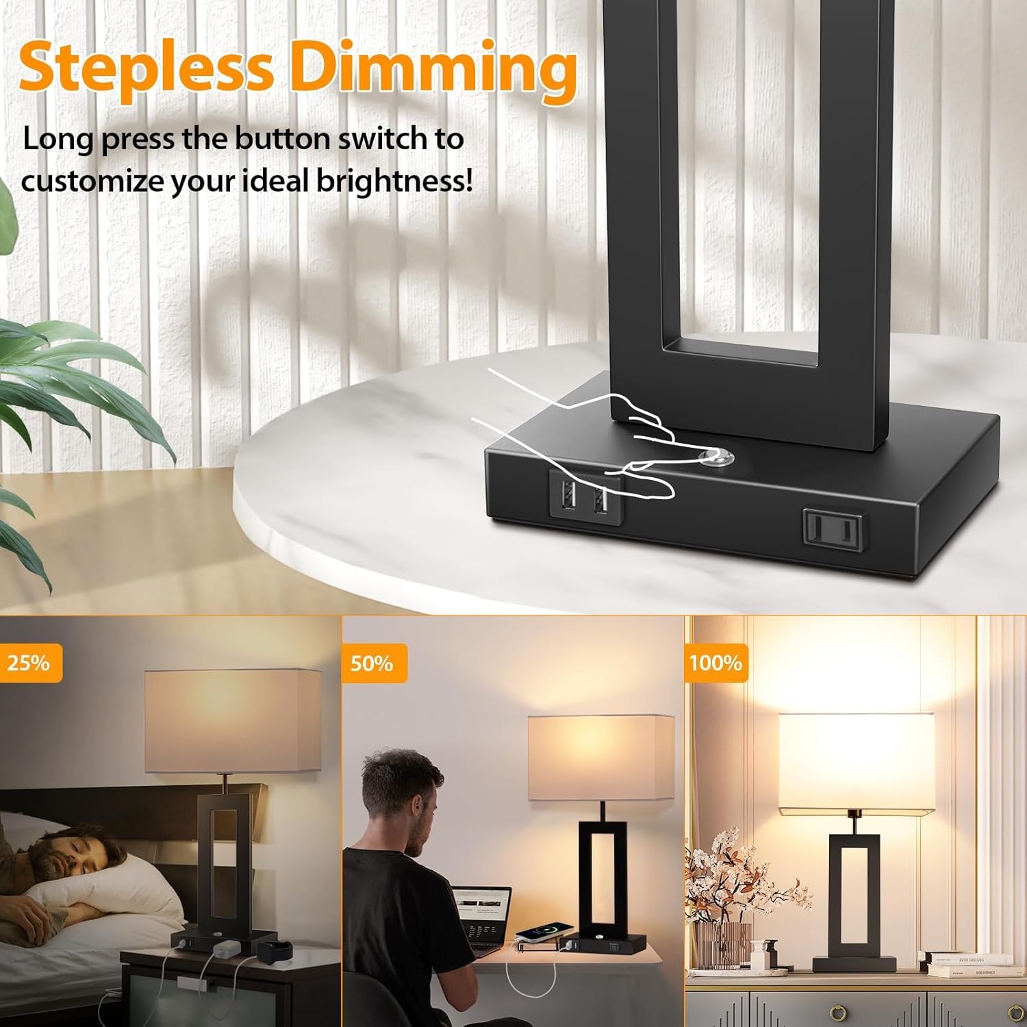 Set of 2 Touch Control Table Lamps 22" | 3 Color Temperatures Bedside Lamps with USB Ports & AC Outlet Stepless Dimmable