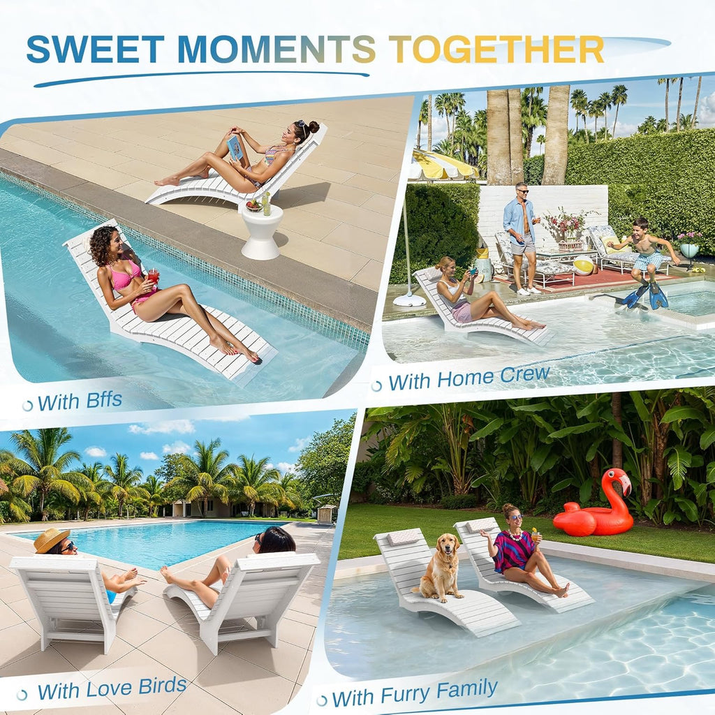 HDPS In-Pool Lounge Chairs Set of 2 | Weighted All-Weather Tanning Chaise with Headrest (White)