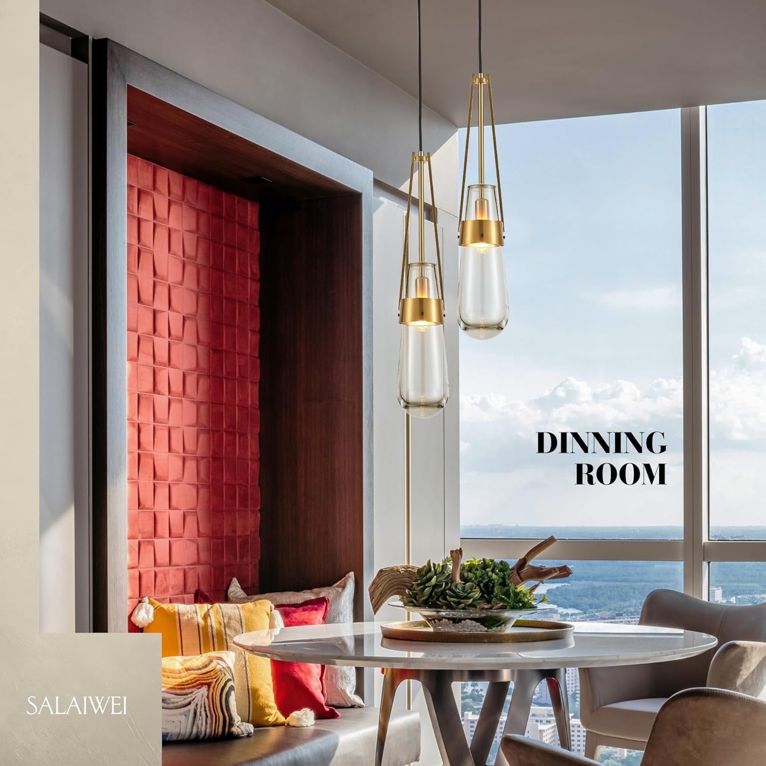 Raindrop Brass Glass Pendant Light | Modern Gold Teardrop Hanging Ceiling Fixture | Set of 2