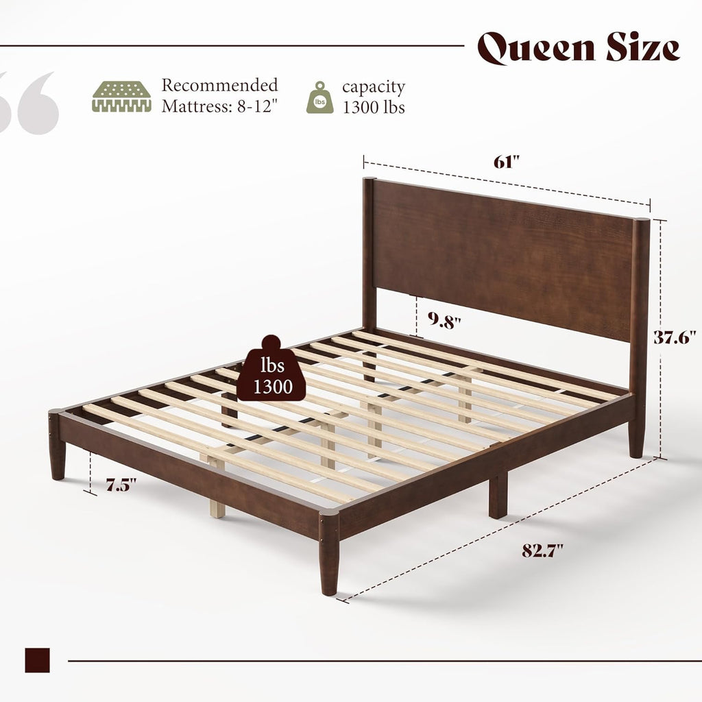 AMERLIFE Solid Wood Queen Platform Bed | Mid-Century Modern Dark Walnut Bed Frame with Panel Headboard