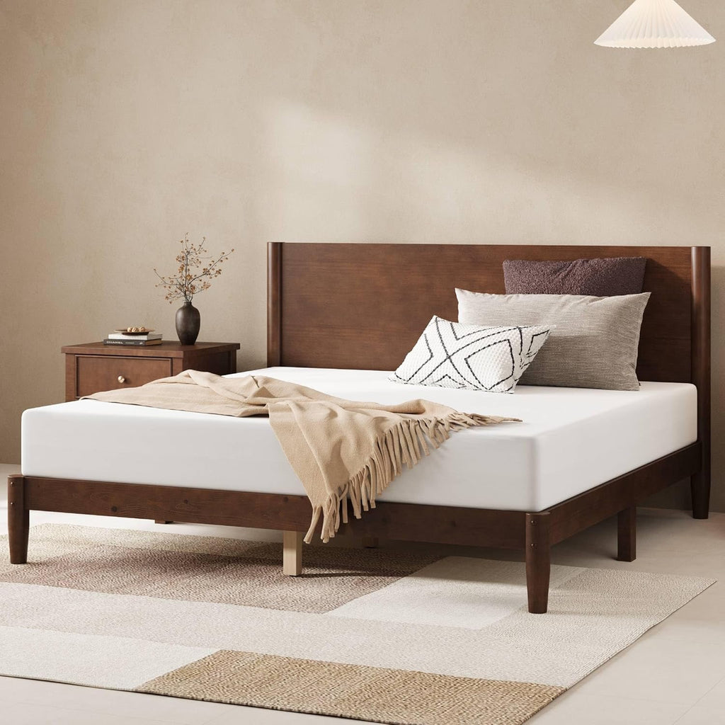 AMERLIFE Solid Wood Queen Platform Bed | Mid-Century Modern Dark Walnut Bed Frame with Panel Headboard