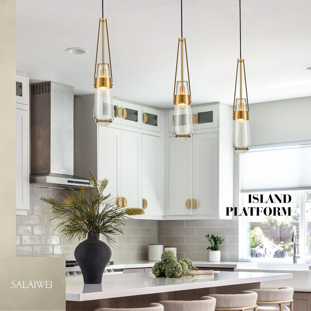 Raindrop Brass Glass Pendant Light | Modern Gold Teardrop Hanging Ceiling Fixture | Set of 2