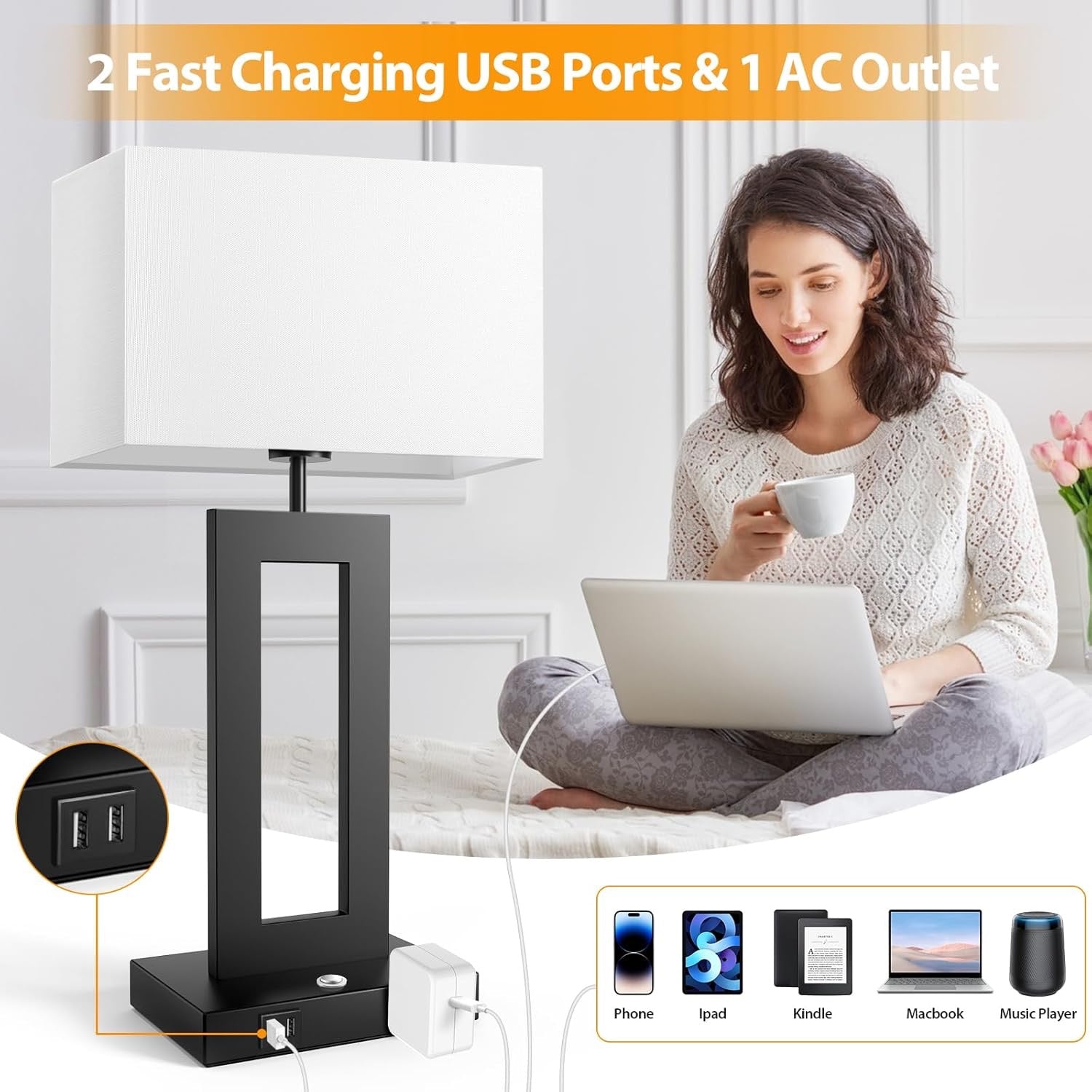 Set of 2 Touch Control Table Lamps 22" | 3 Color Temperatures Bedside Lamps with USB Ports & AC Outlet Stepless Dimmable