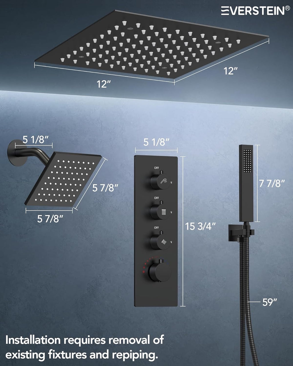 12” Ceiling Mount LED Rainfall Shower System | Matte Black Dual Shower Head with 64-Color Mood Lighting