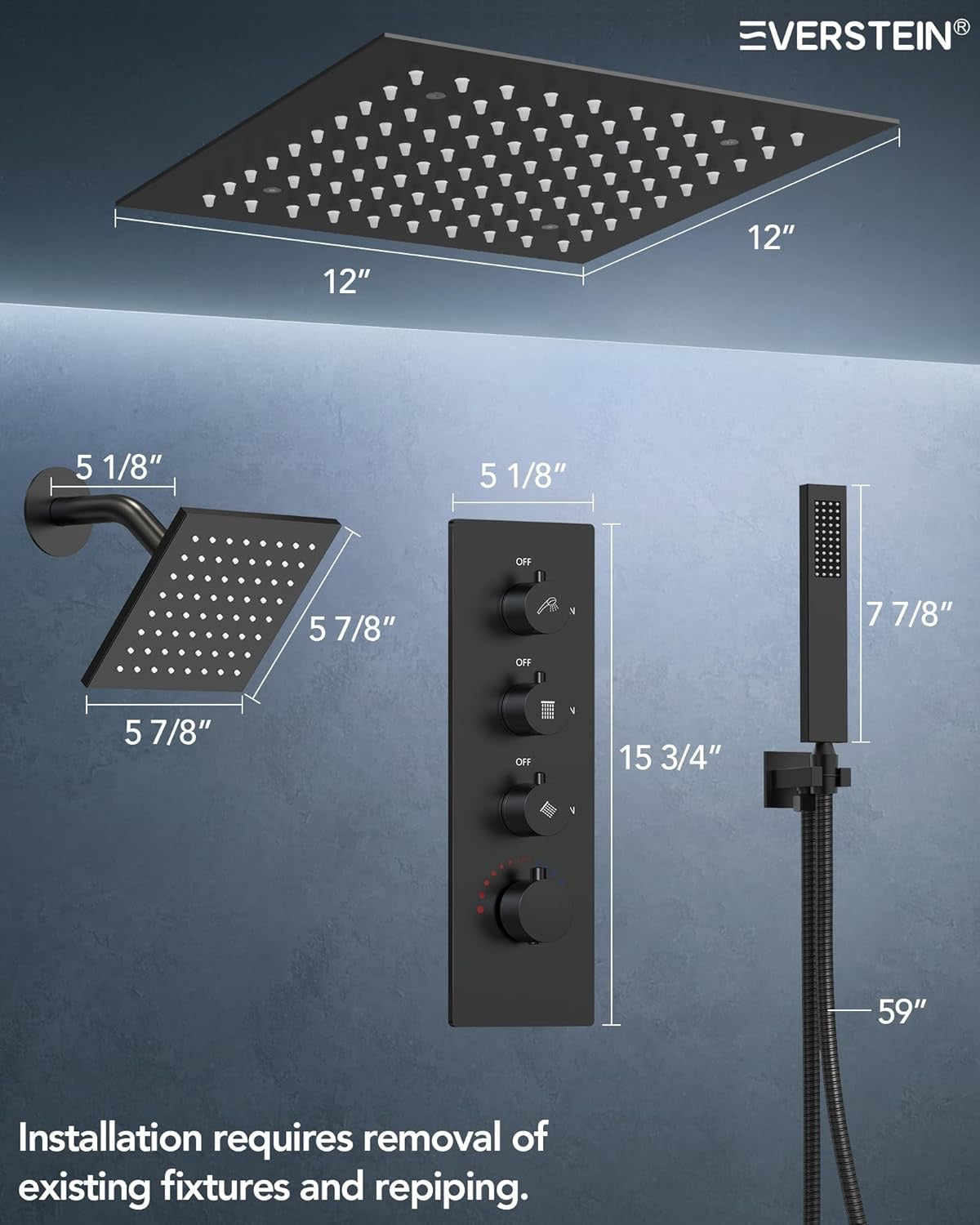 12” Ceiling Mount LED Rainfall Shower System | Matte Black Dual Shower Head with 64-Color Mood Lighting