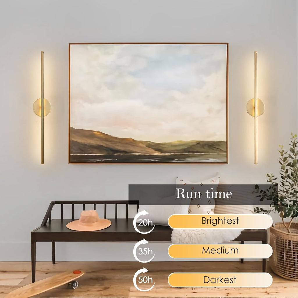 Battery-Operated Gold Wall Sconces with Remote (Set of 2) | Dimmable 3000K LED, Rotatable Design