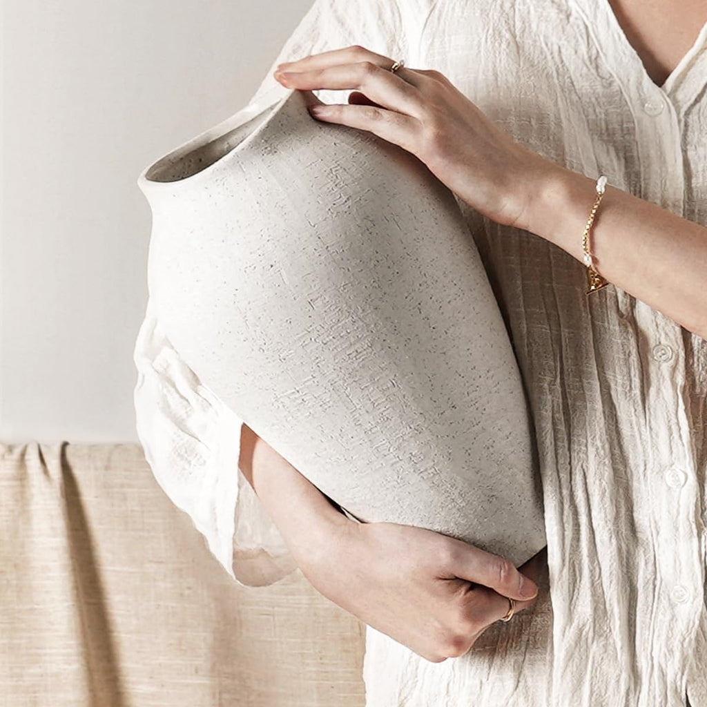 White Ceramic Floor Vase | 11.8" Sandstone Textured Decorative Vase