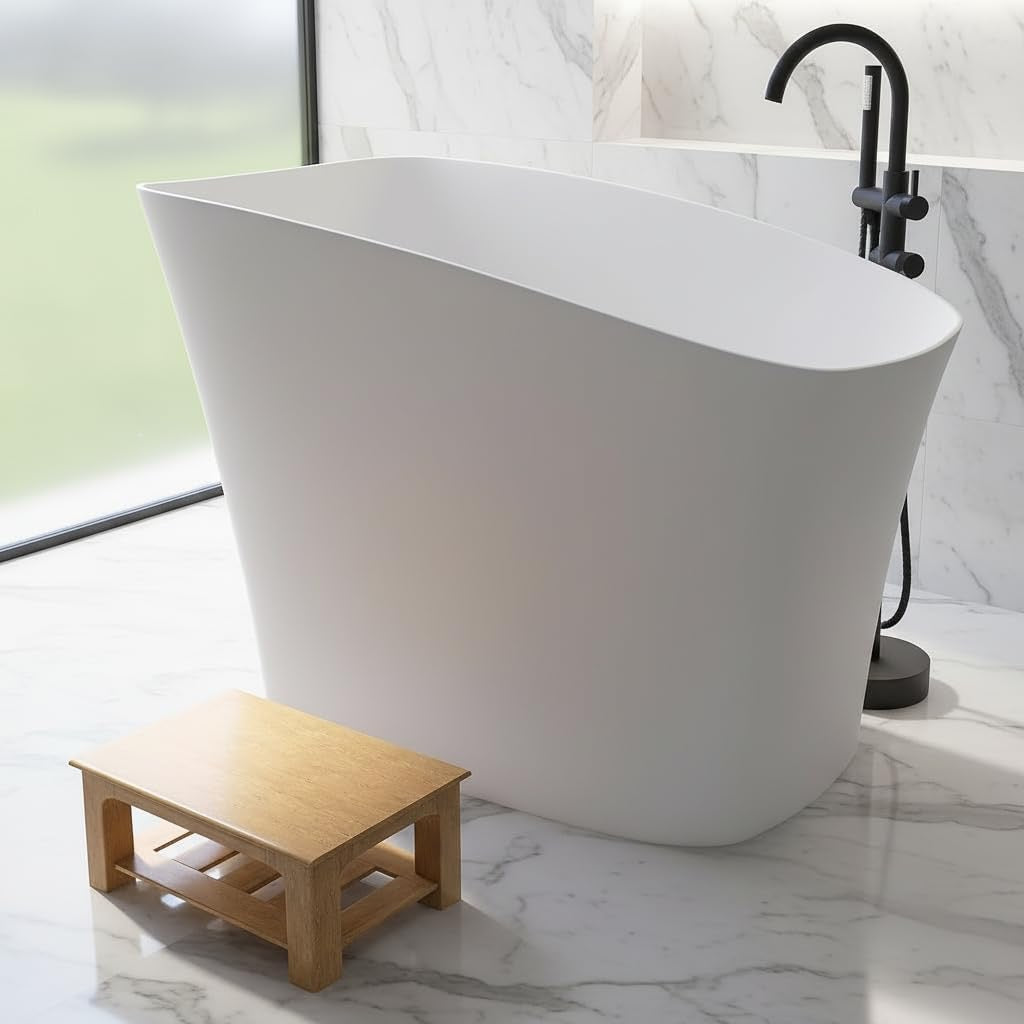 51-Inch Japanese Soaking Tub – Freestanding Stone Resin Deep Soaking Bathtub with Built-In Seat