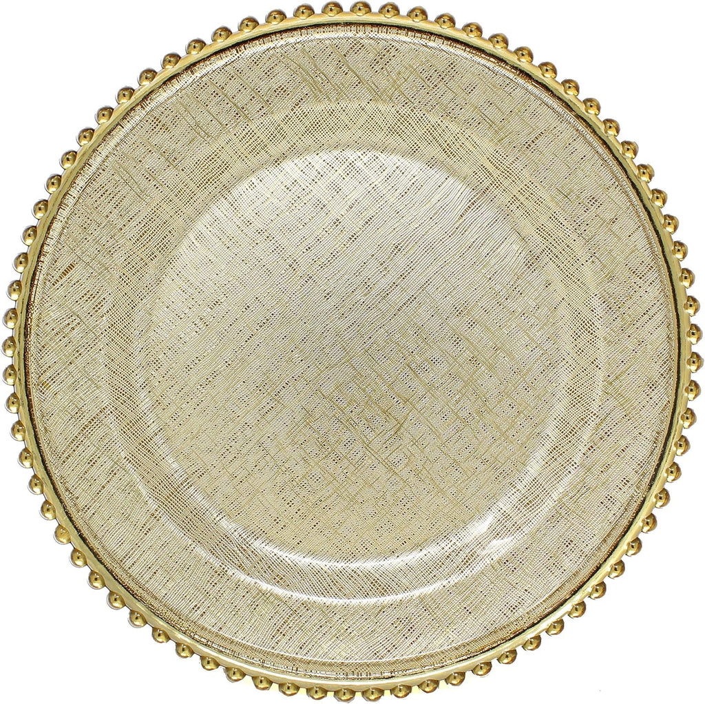Ms Lovely Cross Stitch Glass Charger Plates 13 Inch Gold Set of 4 | Beaded Rim Elegant Dinner Charger Plates