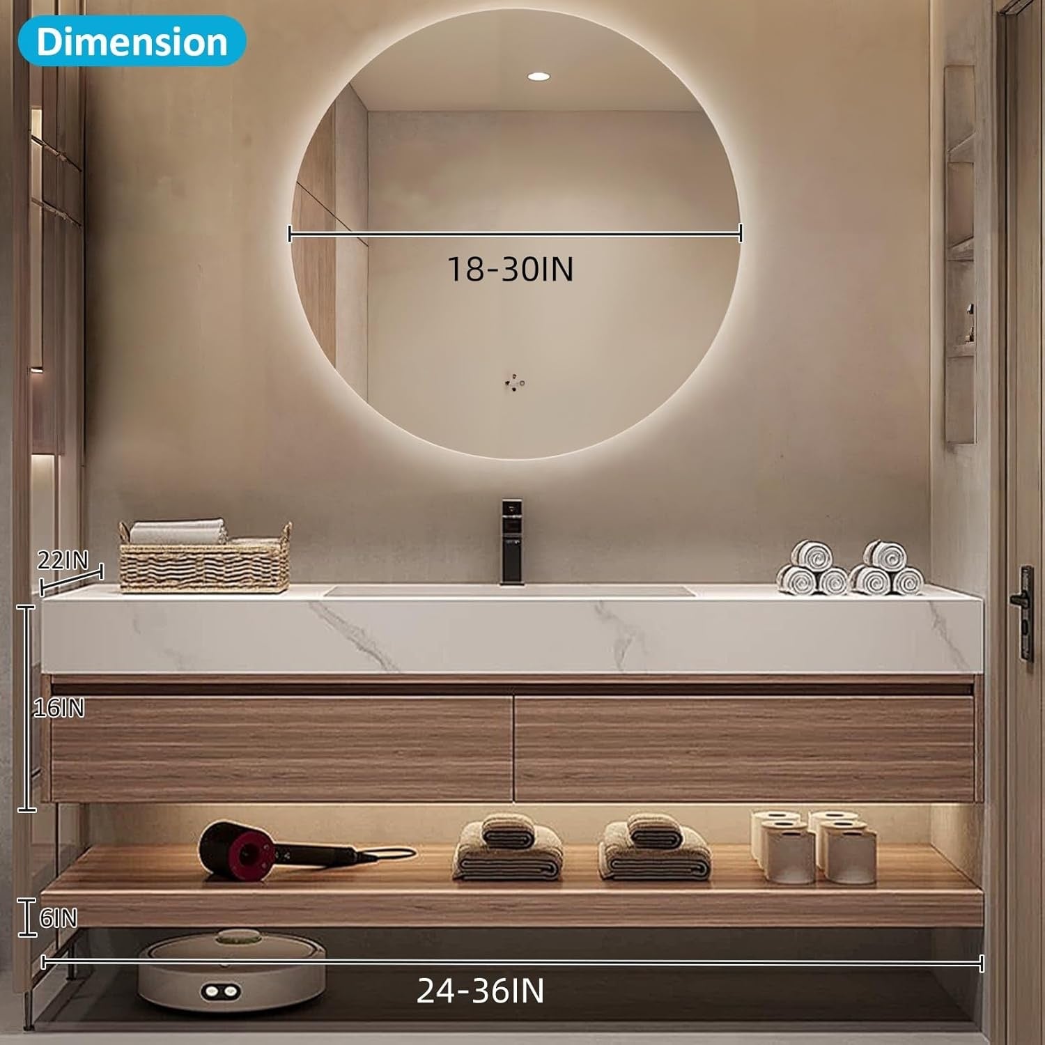 Floating Wood Bathroom Vanity – 36" with LED Mirror | Marble Countertop | 2 Deep Drawers + Open Shelf