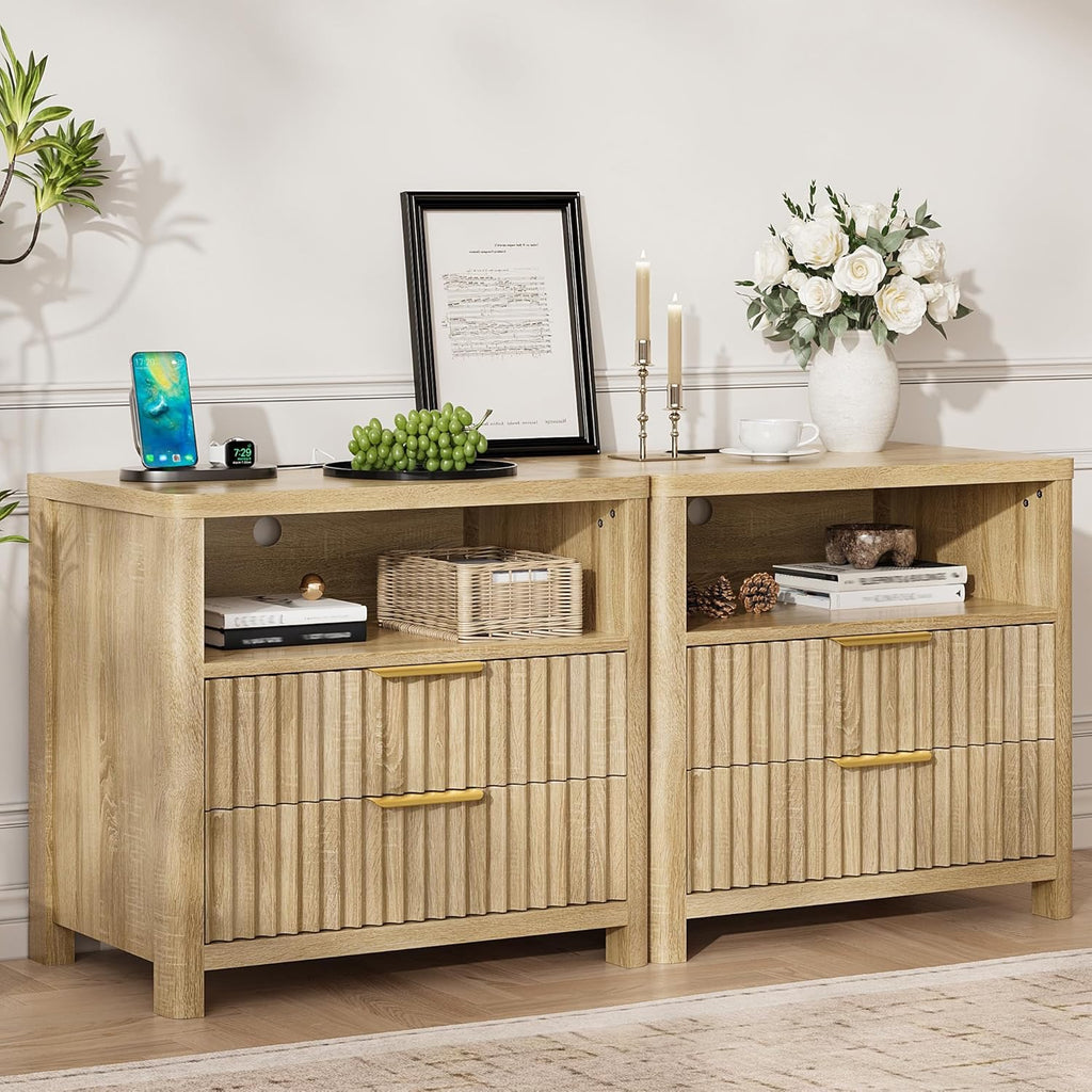 CypBed Fluted Nightstand Set of 2 | Walnut Mid-Century Bedside Tables with Charging Station