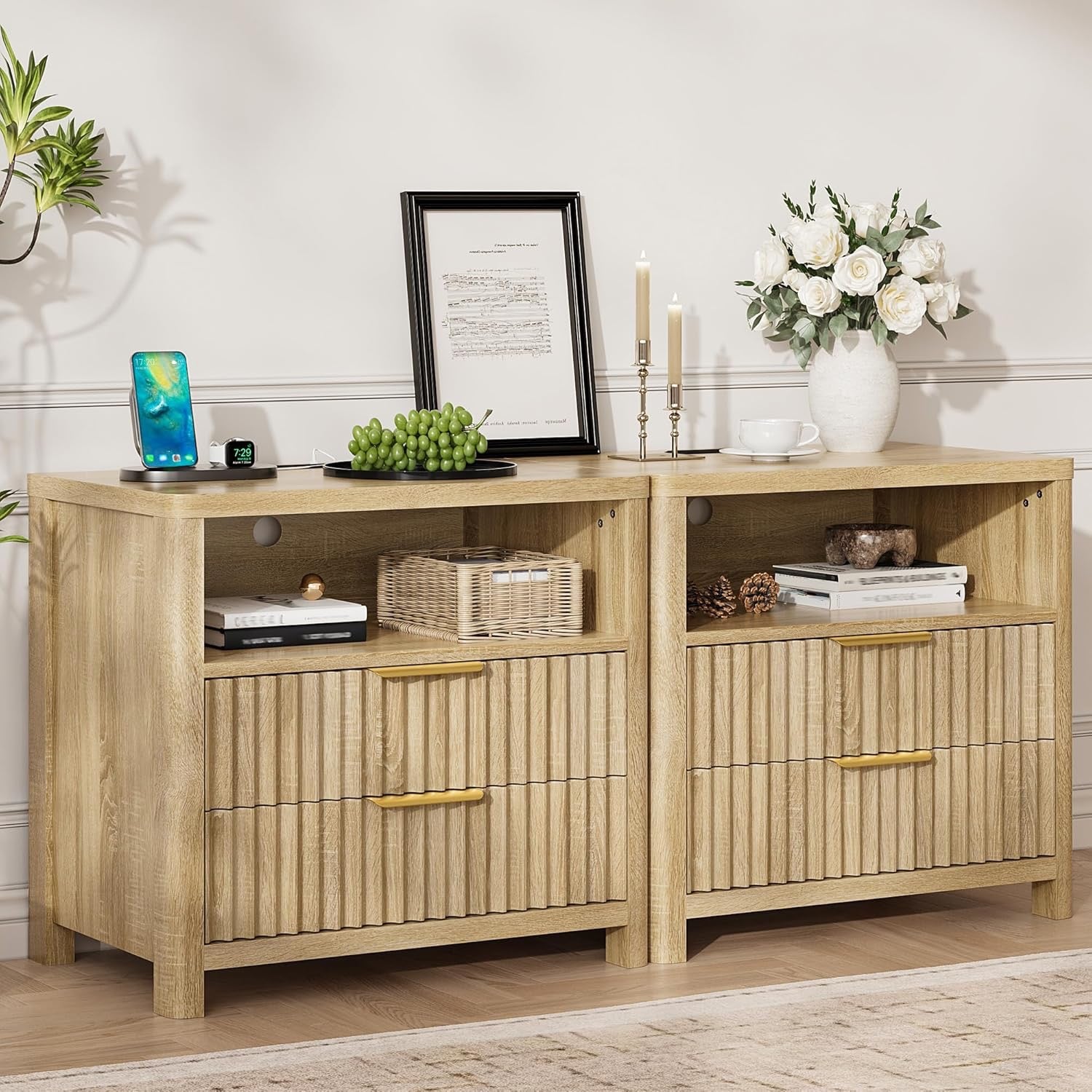 CypBed Fluted Nightstand Set of 2 | Walnut Mid-Century Bedside Tables with Charging Station