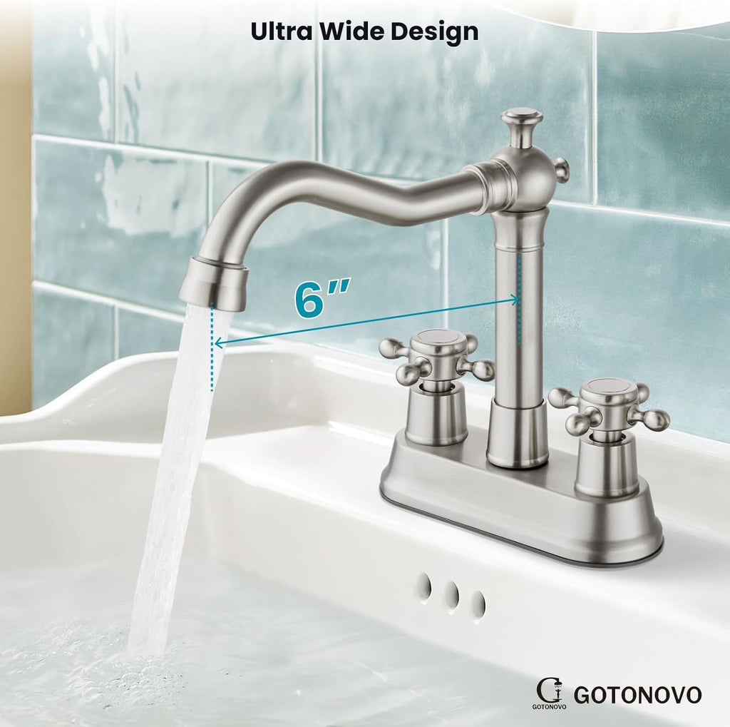 gotonovo 4 Inch Centerset Bathroom Faucet | Brushed Nickel Cross Handle Vanity Faucet with Pop-Up Drain
