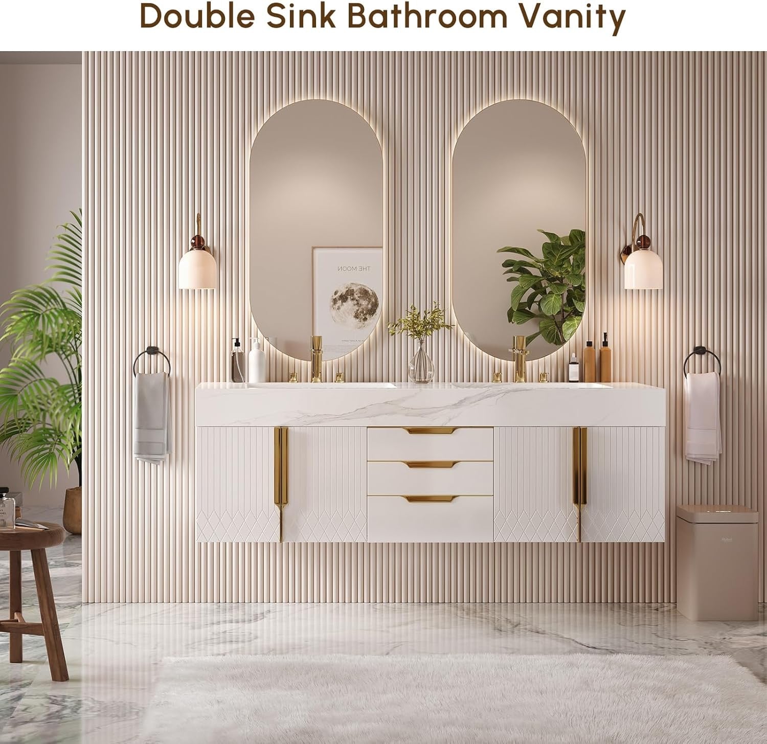 Homary 60 Inch Floating Bathroom Vanity Double Sink | Modern Wall Mounted Vanity with Sintered Stone Top White