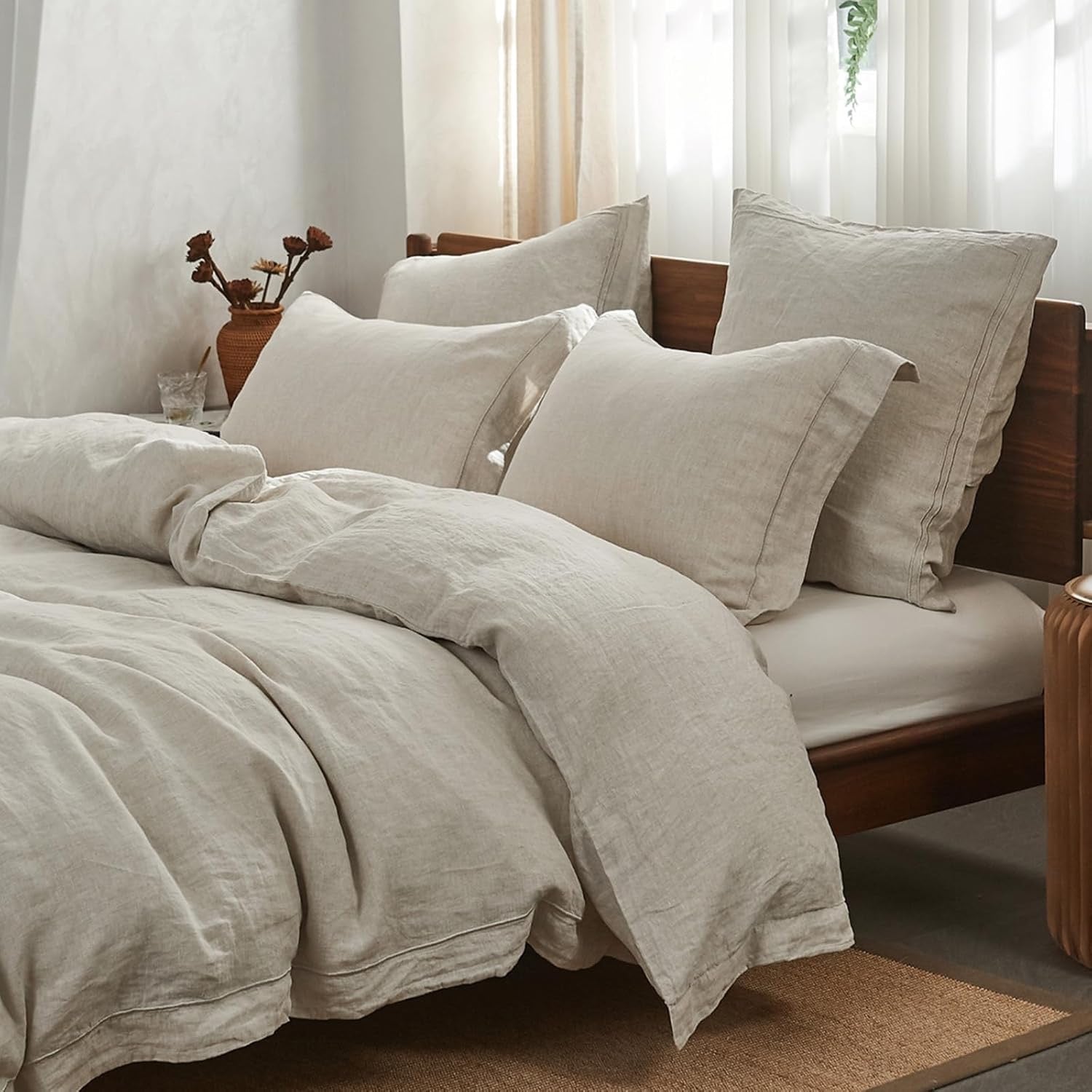 Simple&Opulence Washed Linen Duvet Cover Set | Natural Linen King 3-Piece Embroidered Bedding