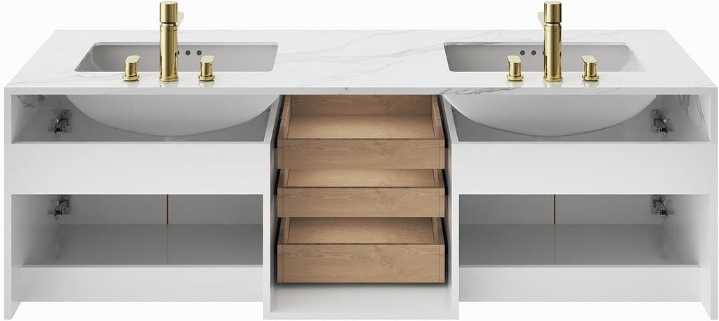 Homary 60 Inch Floating Bathroom Vanity Double Sink | Modern Wall Mounted Vanity with Sintered Stone Top White