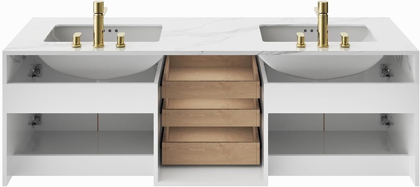 Homary 60 Inch Floating Bathroom Vanity Double Sink | Modern Wall Mounted Vanity with Sintered Stone Top White