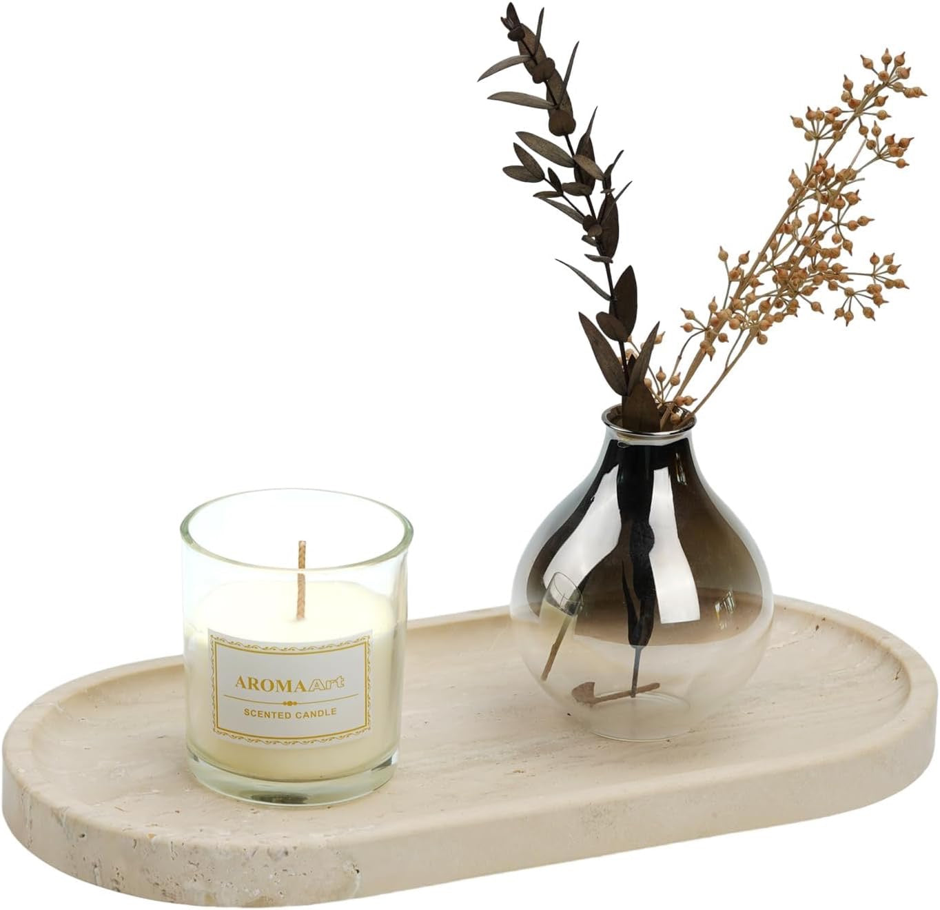 Koville Italian Travertine Tray 12” x 6” | Decorative Vanity Marble Catchall for Perfume, Candles & Jewelry