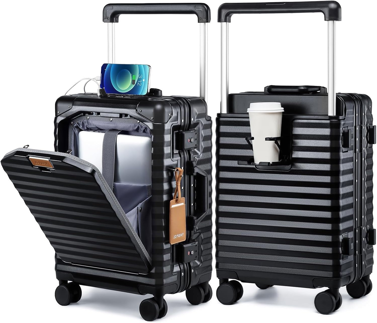 Joyway 20 Inch Carry On Luggage Aluminum Frame | Front Pocket Hardshell Suitcase with USB Port Cup Holder TSA Lock