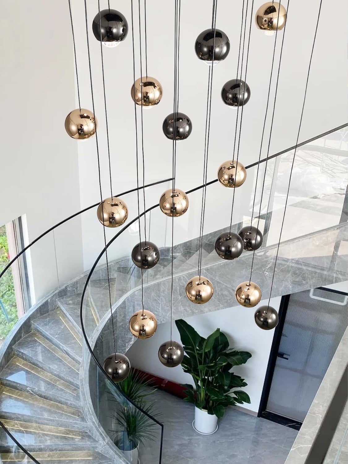 ykolupty 24 Light LED Staircase Chandelier Black Gold | Modern Crystal High Ceiling Entryway Lighting Dimmable 2700K-6000K
