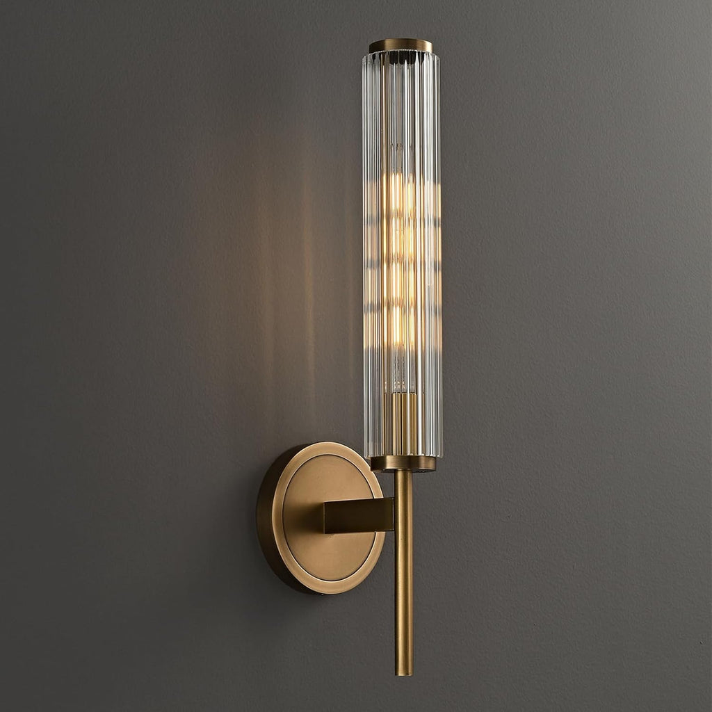 Solid Brass Ribbed Glass Wall Sconce | Modern Gold Bathroom & Hallway Wall Lighting