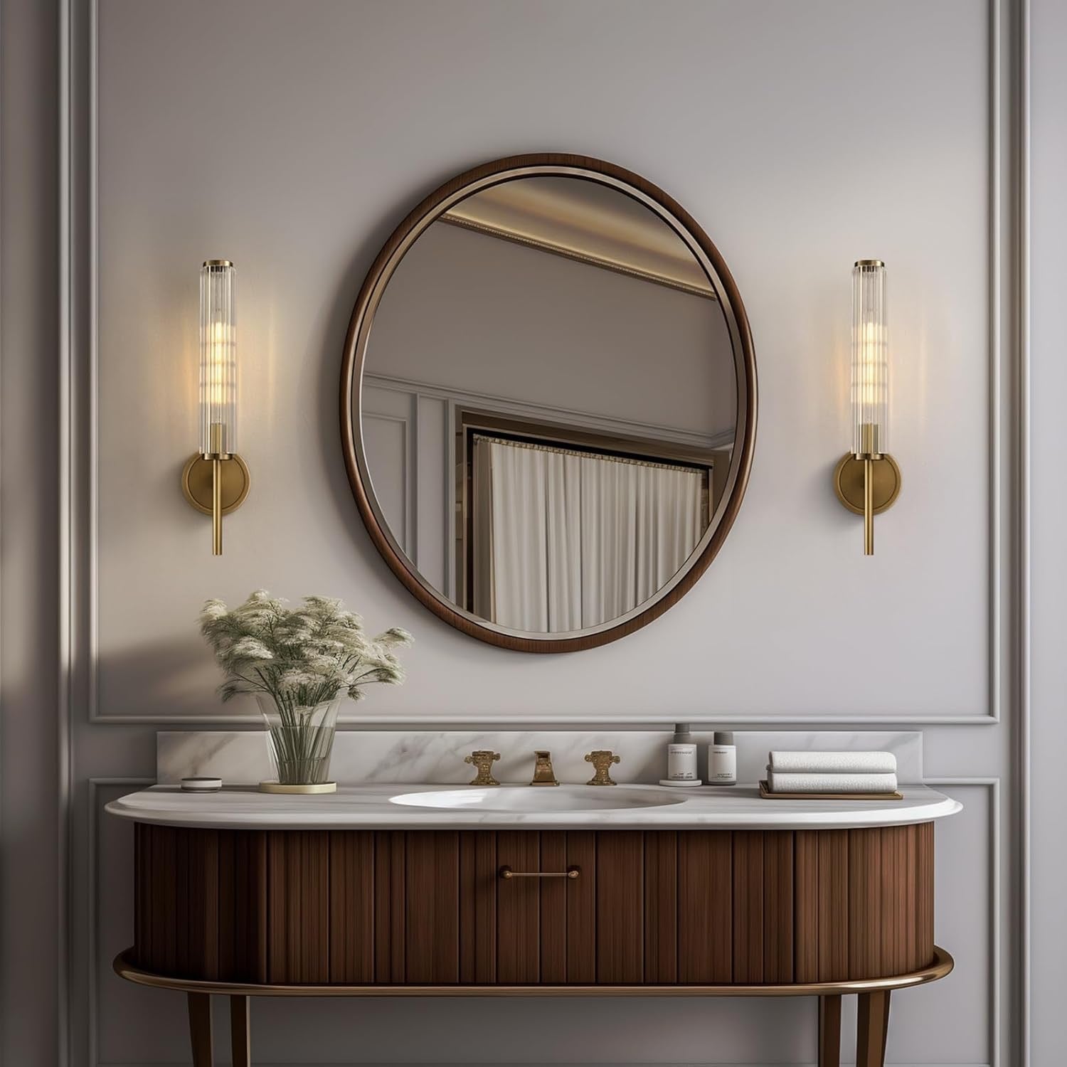 Solid Brass Ribbed Glass Wall Sconce | Modern Gold Bathroom & Hallway Wall Lighting