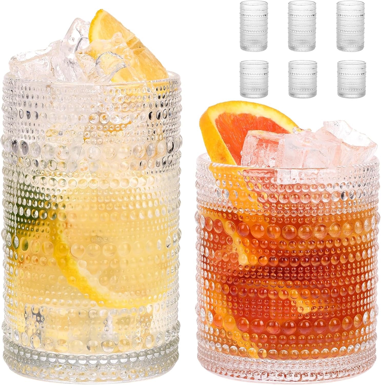 Moretoes Hobnail Drinking Glasses Set of 6 | 12 oz Highball & 10 oz Cocktail Glasses | Vintage Embossed Clear Glassware