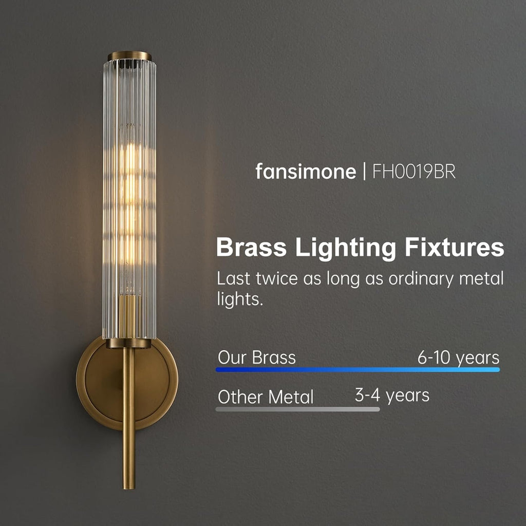 Solid Brass Ribbed Glass Wall Sconce | Modern Gold Bathroom & Hallway Wall Lighting