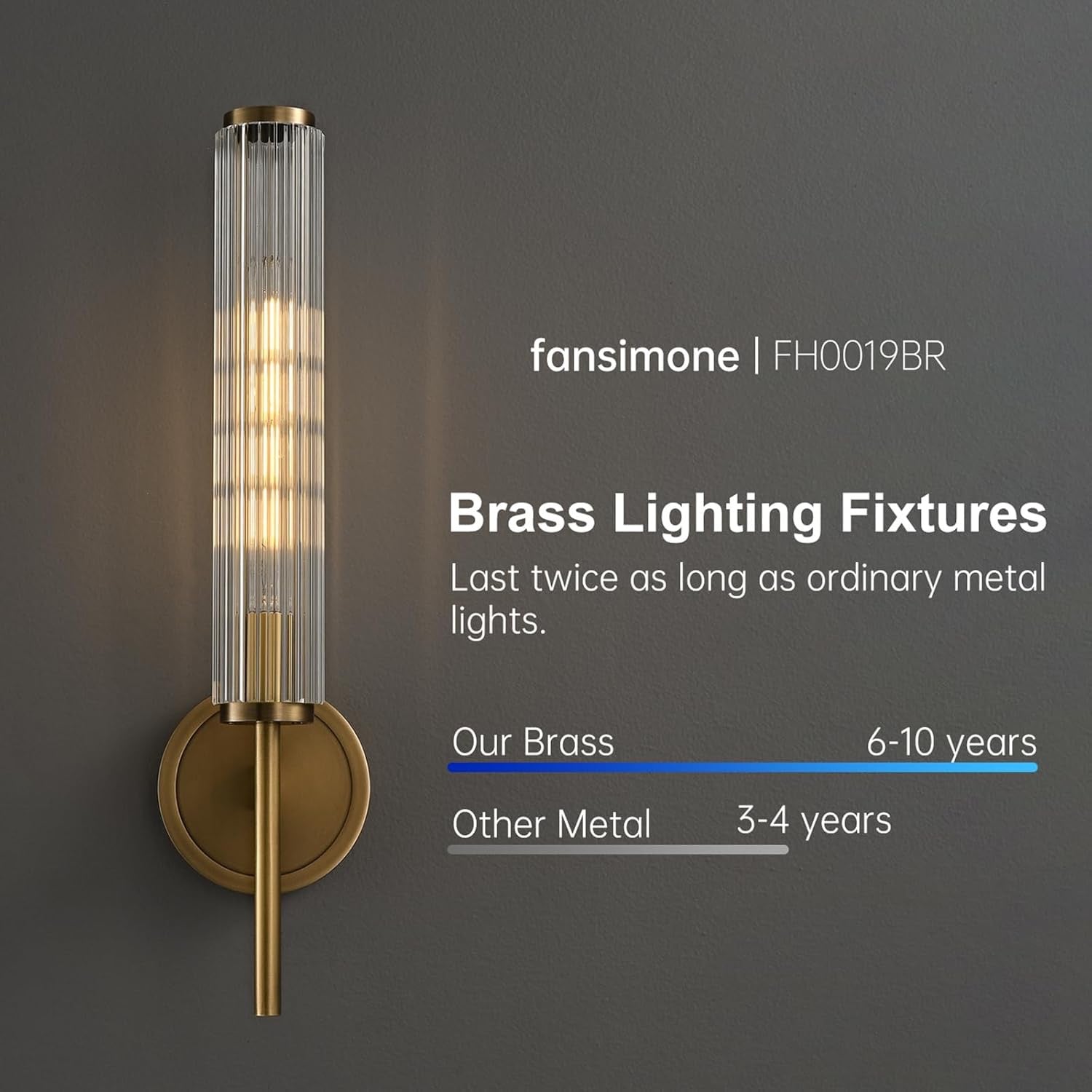 Solid Brass Ribbed Glass Wall Sconce | Modern Gold Bathroom & Hallway Wall Lighting