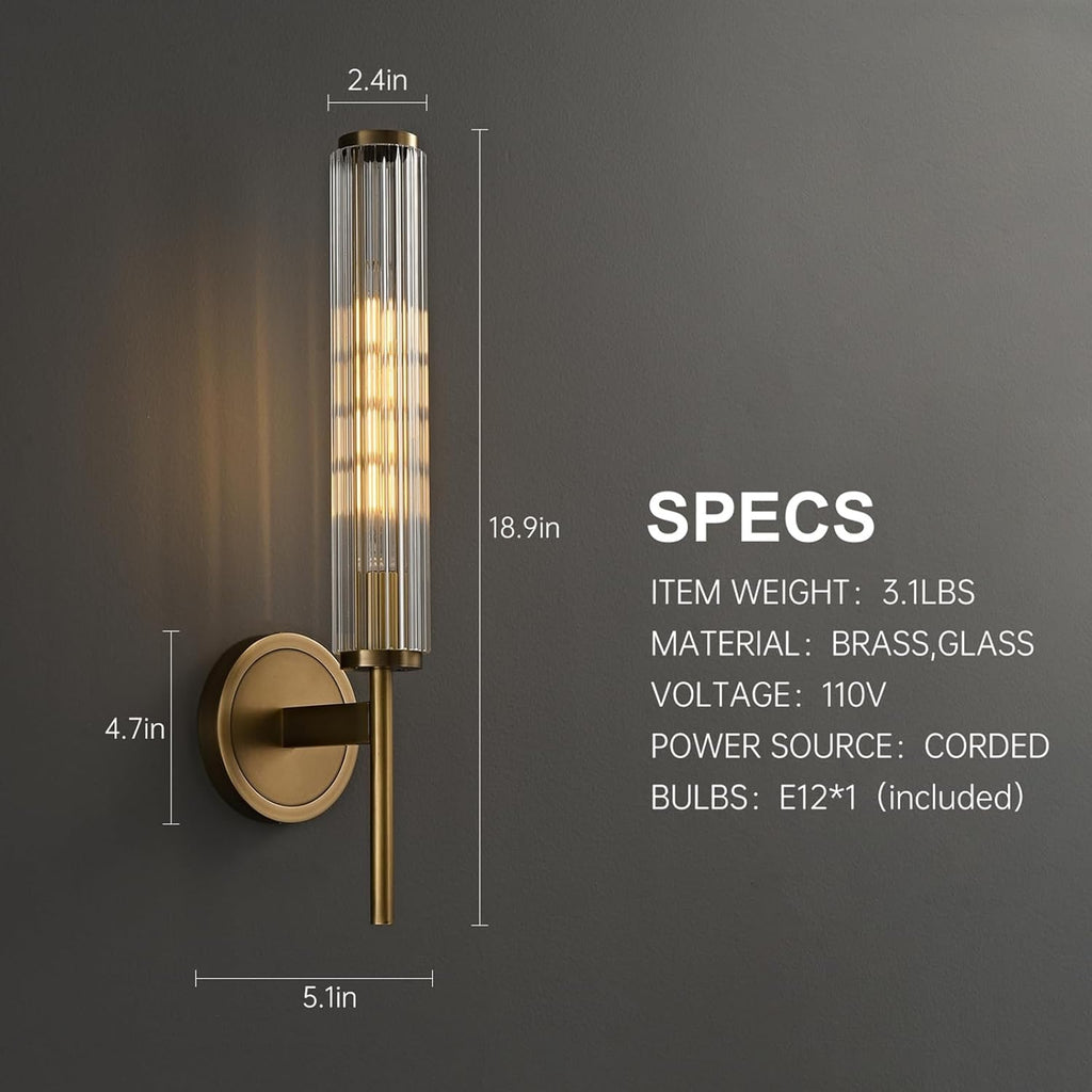 Solid Brass Ribbed Glass Wall Sconce | Modern Gold Bathroom & Hallway Wall Lighting