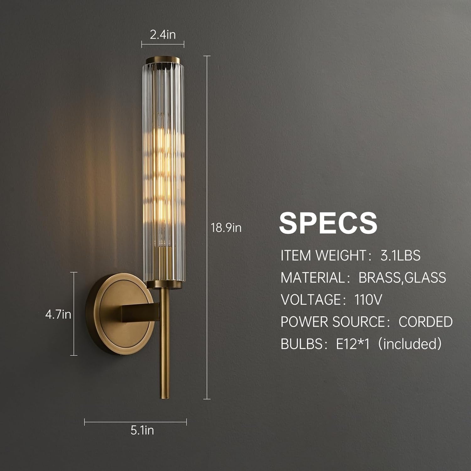 Solid Brass Ribbed Glass Wall Sconce | Modern Gold Bathroom & Hallway Wall Lighting