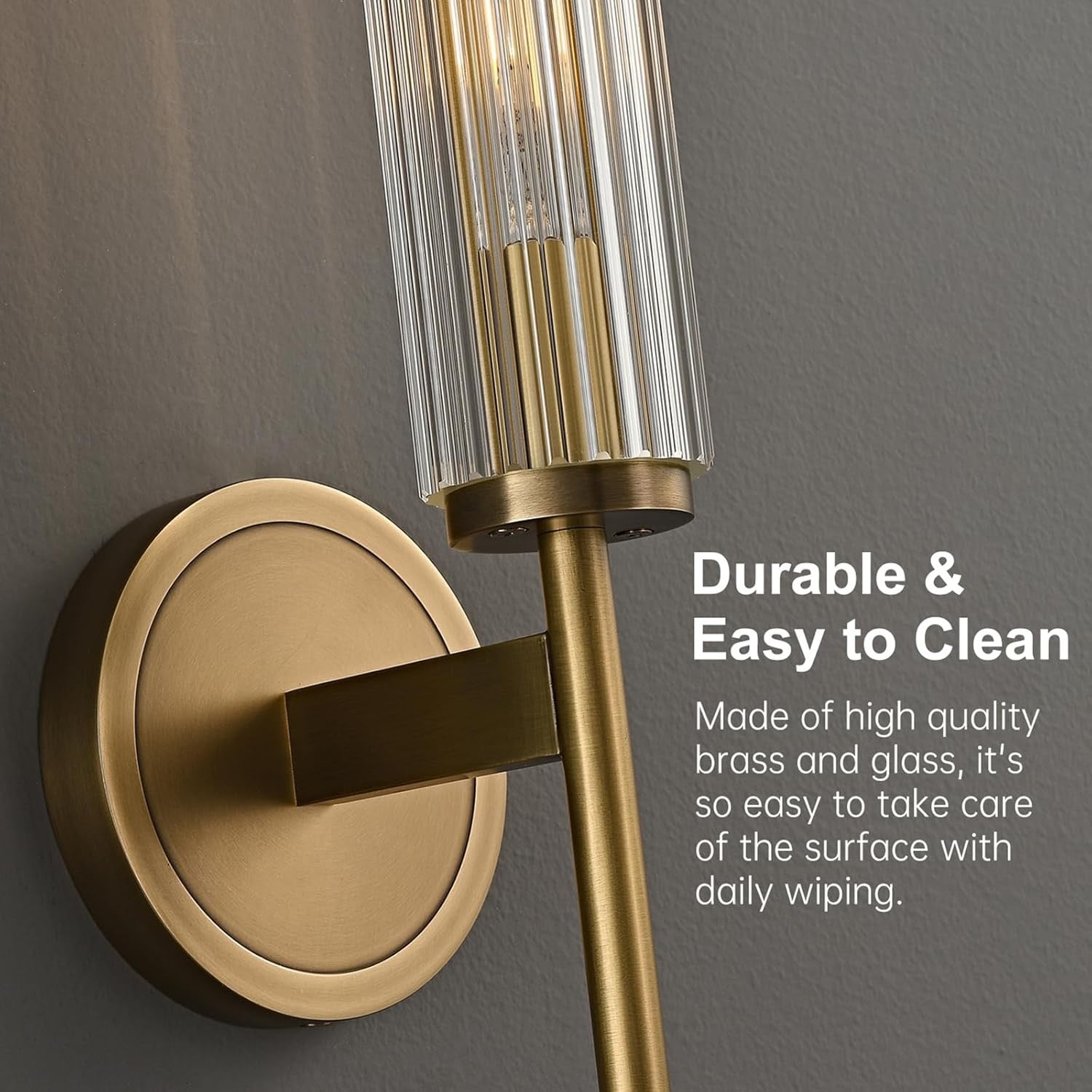 Solid Brass Ribbed Glass Wall Sconce | Modern Gold Bathroom & Hallway Wall Lighting
