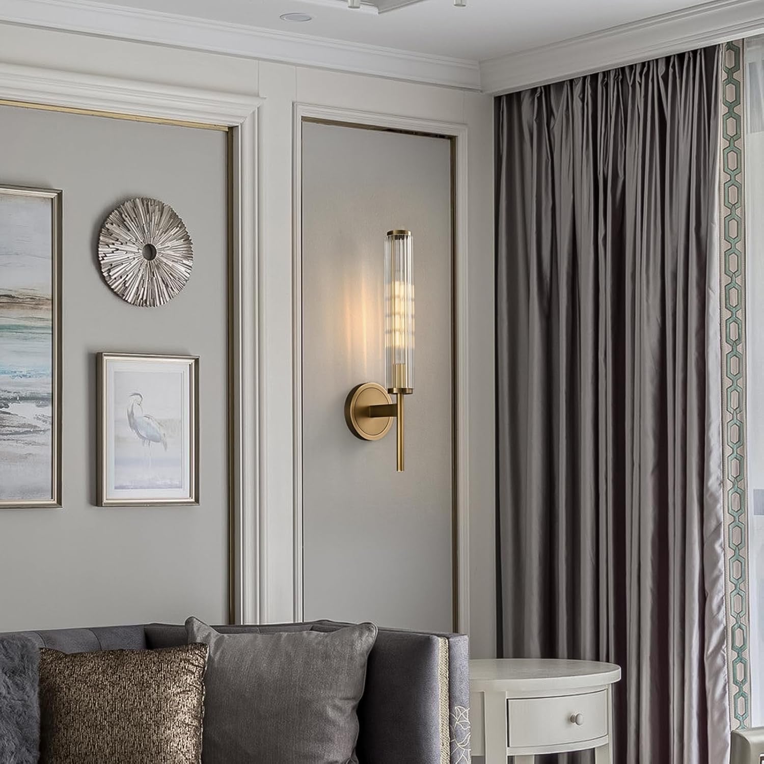 Solid Brass Ribbed Glass Wall Sconce | Modern Gold Bathroom & Hallway Wall Lighting