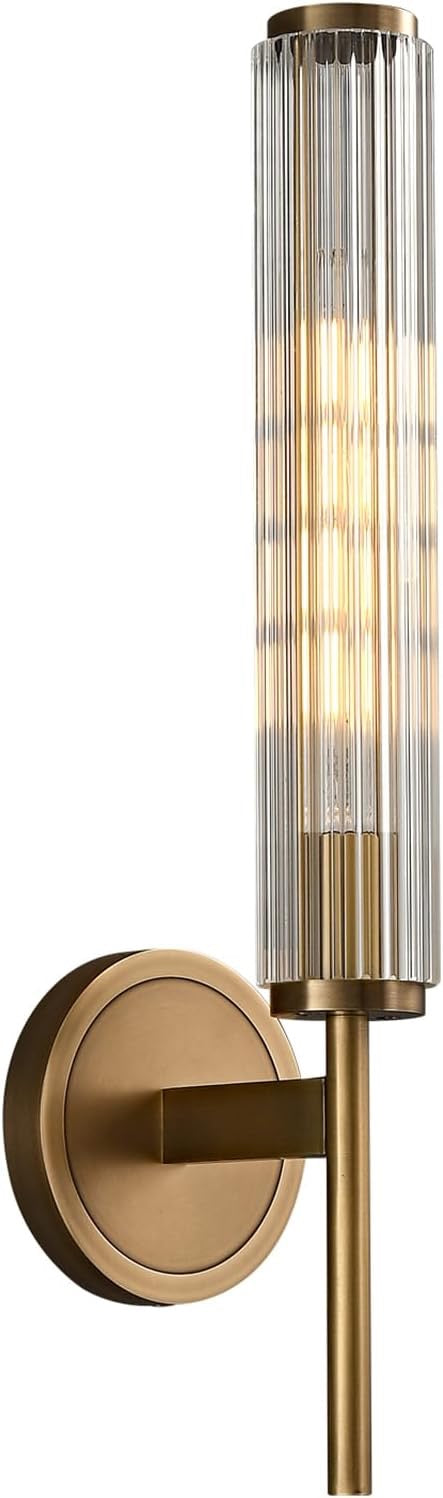 Solid Brass Ribbed Glass Wall Sconce | Modern Gold Bathroom & Hallway Wall Lighting