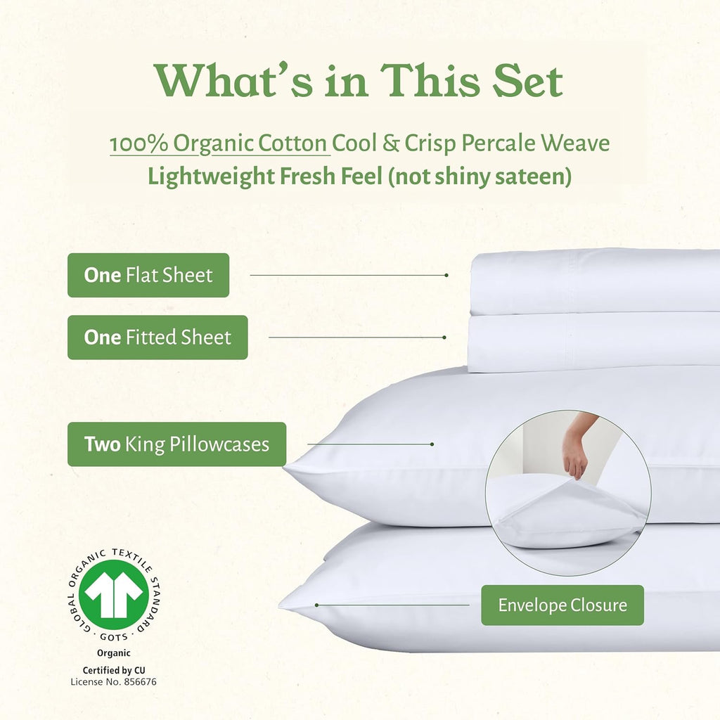 California Design Den Organic Cotton Percale King Sheet Set | Crisp White Deep Pocket Sheets