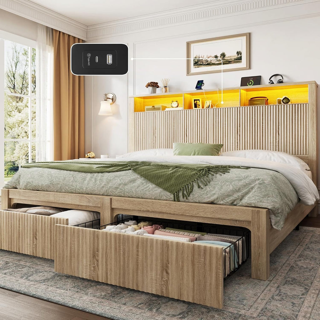 CypBed King Storage Bed Frame | Wood Platform Bed with LED Headboard & Charging Station
