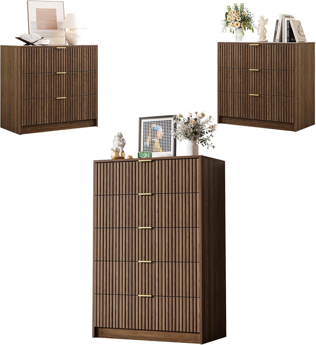 MAISONARIA Walnut 3-Piece Living Room Set | 5 Drawer Dresser + 2 Nightstands | Hidden Handle Modern Storage